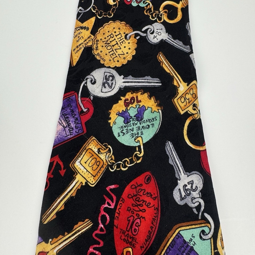 VTG Nicole Miller Motel Key Print Silk Necktie Novelty Tie Black 1993 - Picture 6 of 9